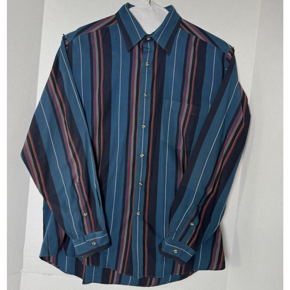 Savile Row Traditions Men’s L Button Front Shirt Blue Multicolor Vertical Stripe - Picture 3 of 9